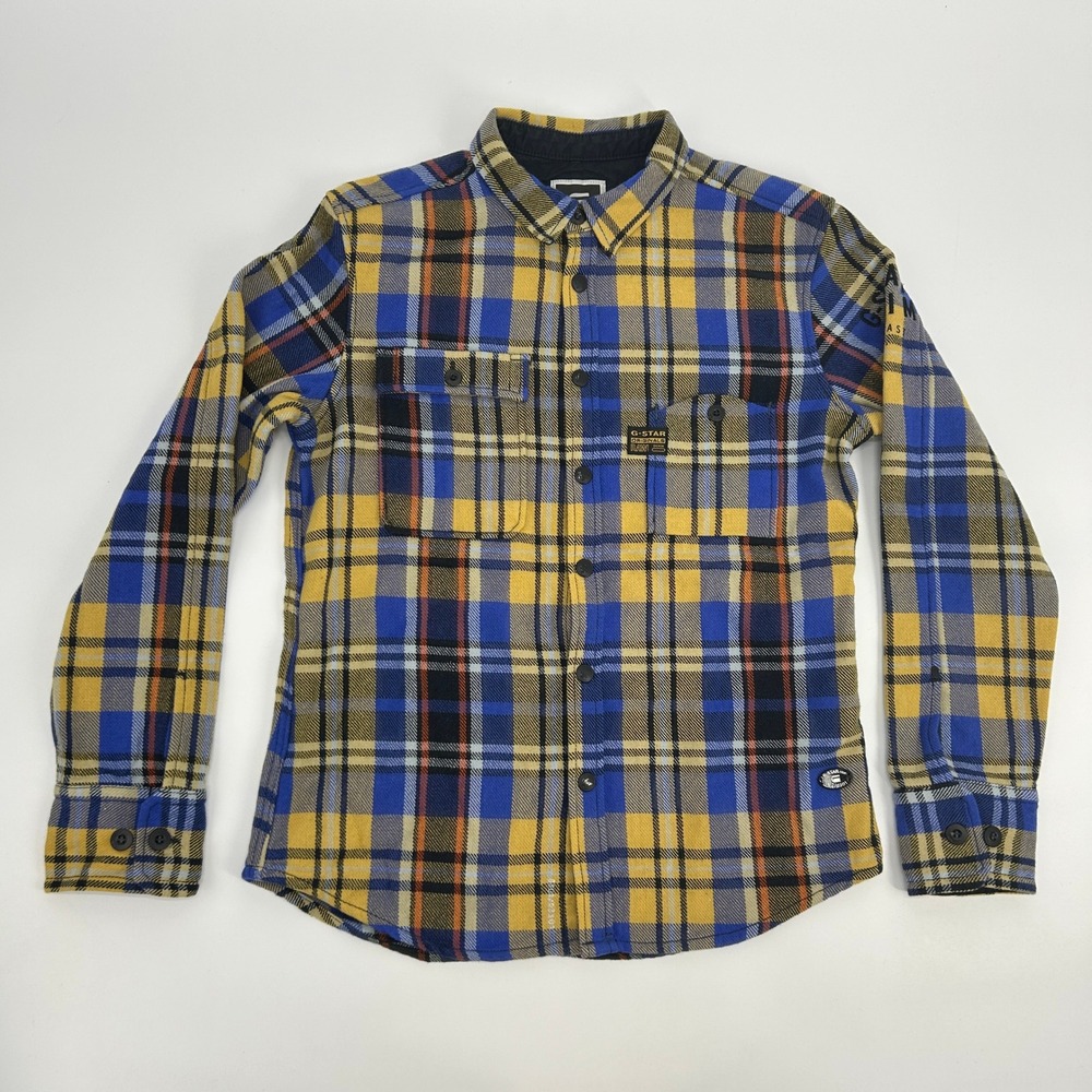 G-Star RAW Denim Snap Button Up Flannel Shirt Mens Large Blue Plaid Streetwear